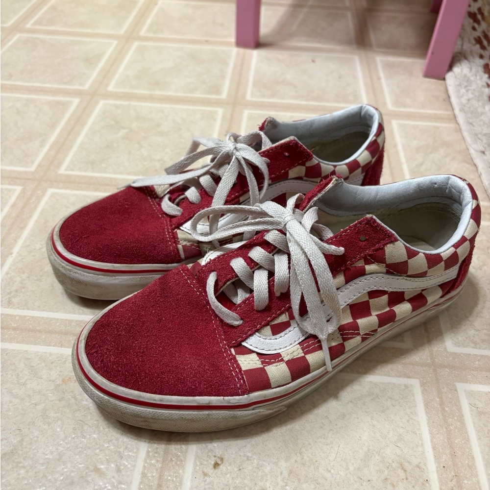 Vans Old Skool Red Checkerboard Canvas & Suede Shoes